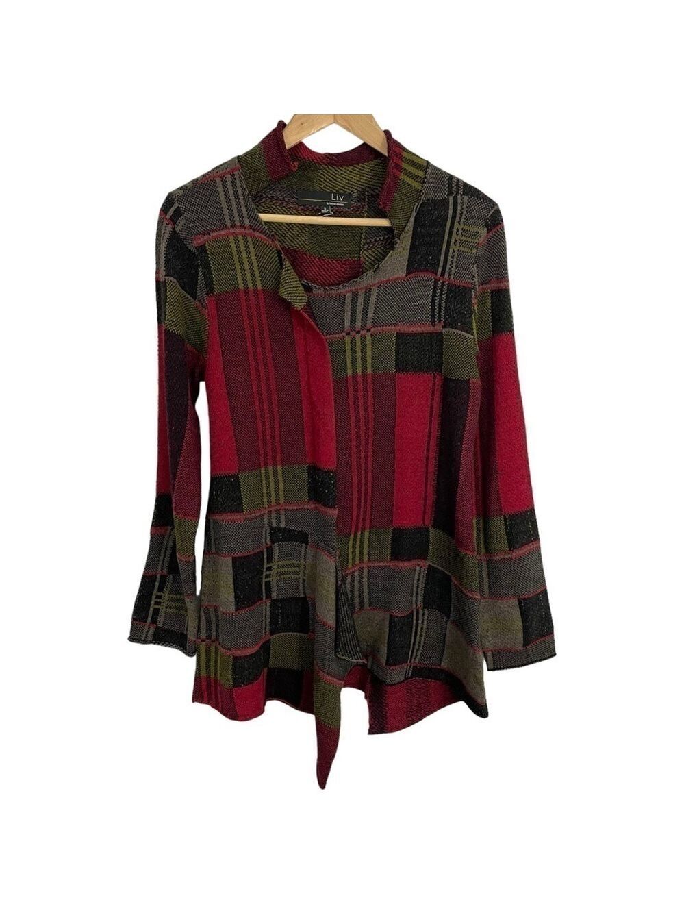 Liv by Habitat Lightweight Sweater Womens S Red Green Plaid Artsy Mature EUC